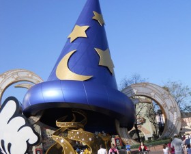 Mickey's iconic hat from Fantasia sits in the middle of the park.