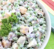 Welp, if May is really here (and it's not some kind of conspiracy), then I suppose I better share a spring recipe. It's one of my potluck and backyard BBQ favorites - Easy Creamy Pea & Cheese Salad. Peas with cubed cheddar cheese, red onions, mozzarella cheese, mayo, and ranch dressing. It's the perfect side dish for your next family party or gathering!