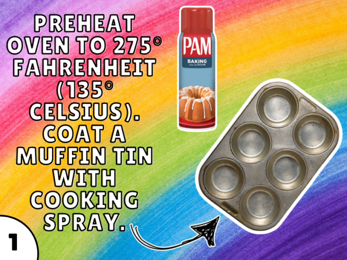 Preheat oven to 275° Fahrenheit (135° Celsius). Coat a muffin tin with cooking spray.