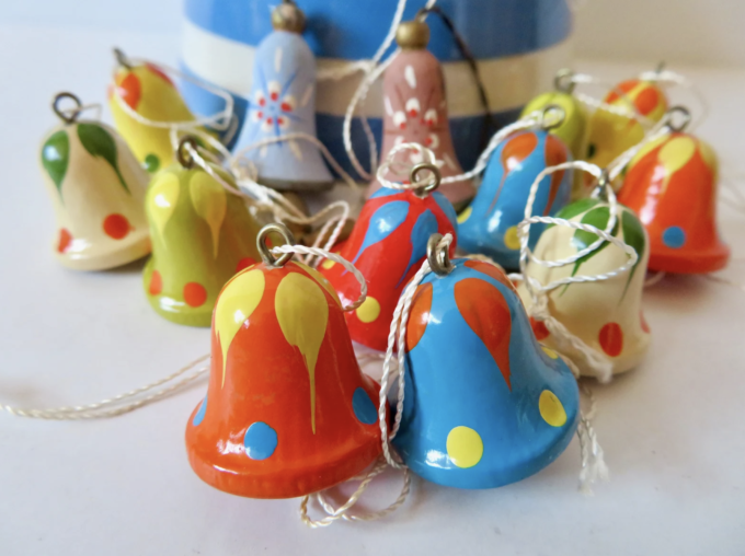 Vintage Erzgebirge Wooden German Hand Painted Bell Christmas Tree Ornaments