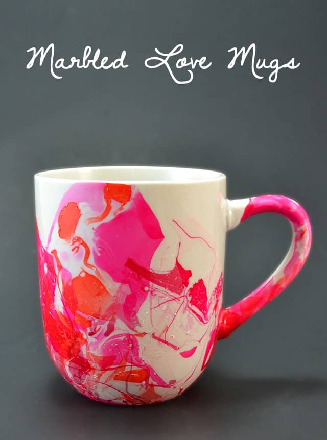 DIY Marbled Love Coffee Mugs Made with Nail Polish