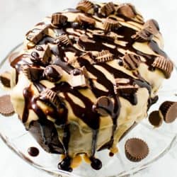 A chocolate and peanut butter flavored cake covered with peanut butter glaze and lots of chopped peanut butter cups.
