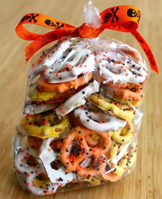 Halloween Candy Corn Inspired Chocolate Covered Pretzels Recipe