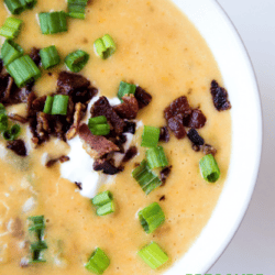 This soup made in a pressure cooker includes creamy potatoes and carrots cooked in a flavorful chicken broth, then loaded with a TON of cheese, crumbled bacon, sour cream, and green onions.