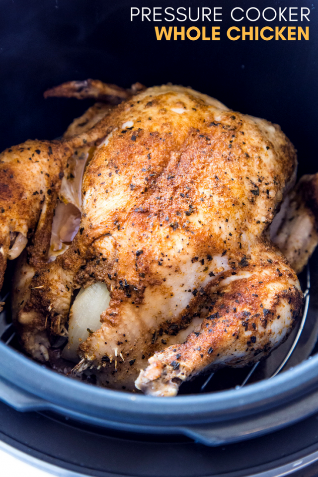 A whole chicken covered with olive oil and flavorful spices, stuffed with onion and garlic, then cooked rotisserie-style in a pressure cooker.